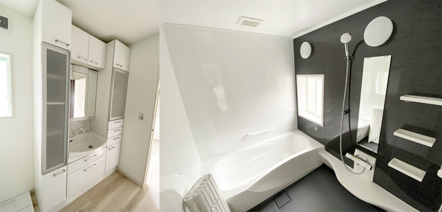 可児市松伏　新築戸建ての浴室と洗面写真